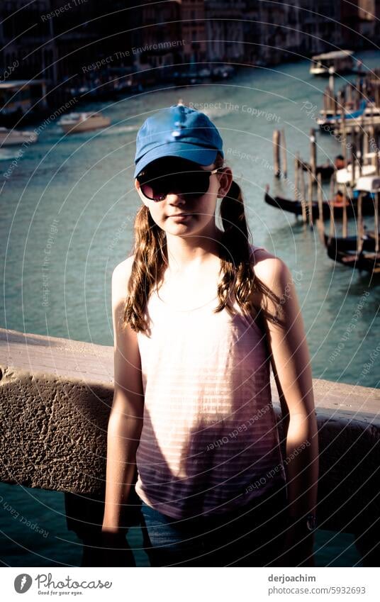 On the road in Venice. A girl stands on a bridge. Girl Human being Colour photo Exterior shot Young woman Looking Nature Joy Youth (Young adults) pretty