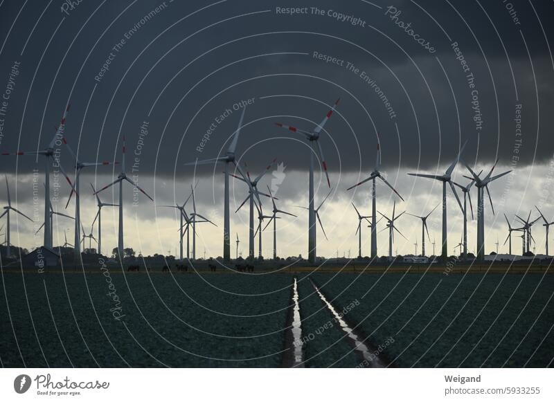 Wind turbines in a storm on the North Sea Energy Pinwheel energy revolution alternative power generation stream Electricity Renewable energy wind farm