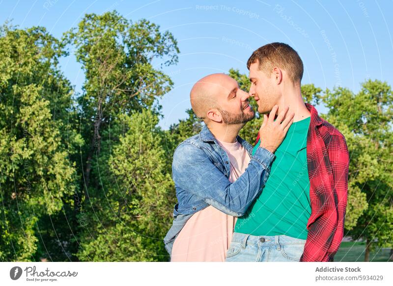 Gay couple sharing a tender moment in a lush park gay kiss affection love male nature outdoor summer daytime peaceful tree casual clothing jeans denim green