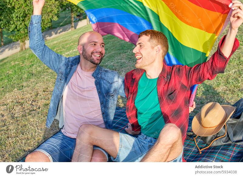 Gay couple celebrating with rainbow flag in the park gay picnic blanket celebration pride joy smile happiness male love relationship outdoor summer sunny casual