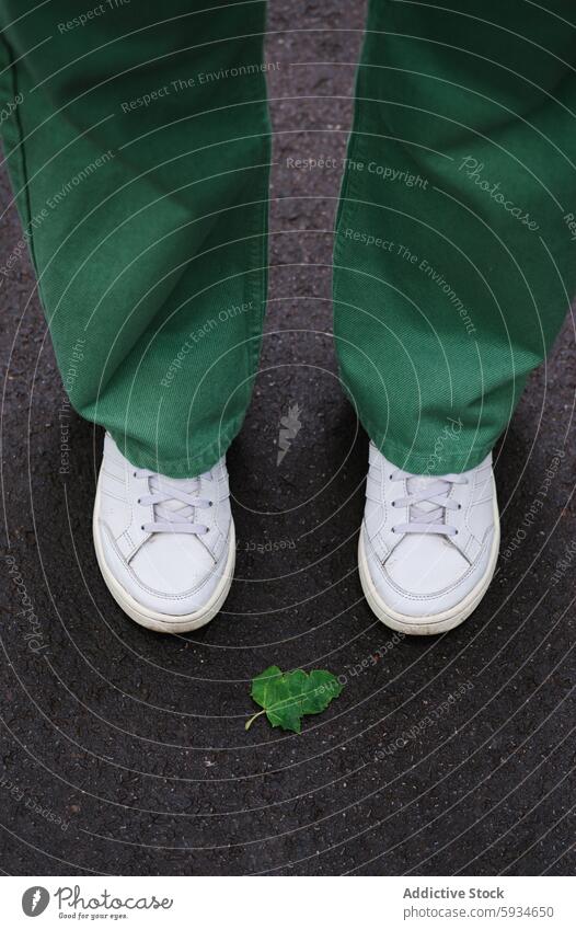 Person standing on a path with a green leaf nearby person outdoor pathway shoes sneakers white trousers ground fashion streetwear casual urban city pavement