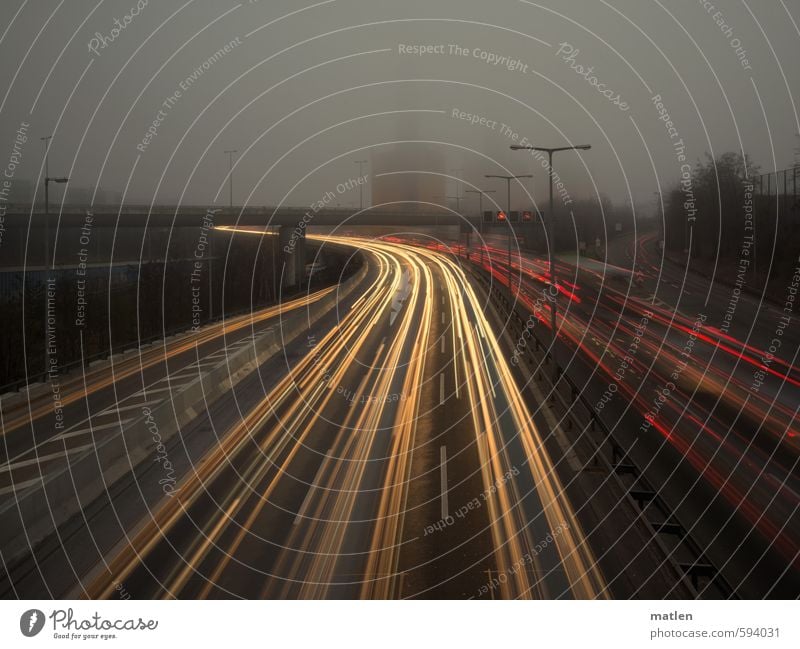 urban winter Town Capital city Deserted Bridge Chimney Traffic infrastructure Motoring Street Highway Tunnel Driving Gloomy Yellow Gray Red Curve Colour photo