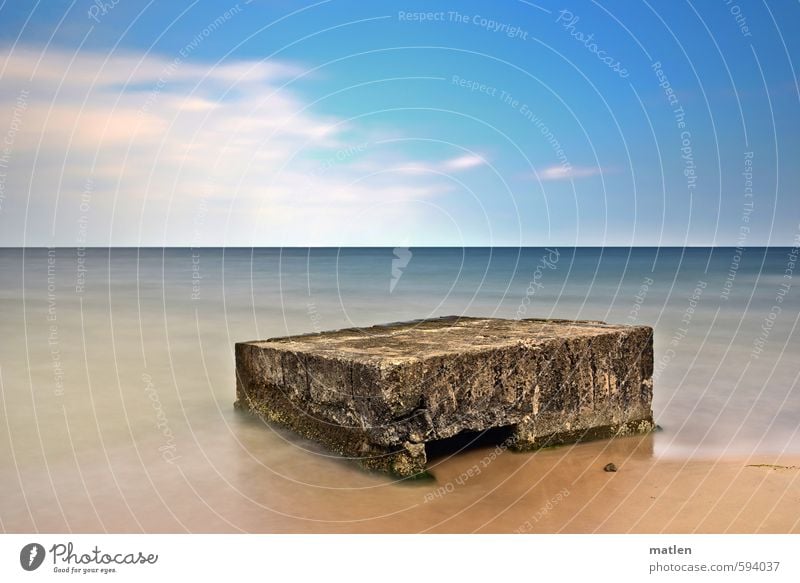 stage Landscape Sand Water Sky Clouds Horizon Sunlight Autumn Weather Beautiful weather Coast Beach Ocean Deserted Ruin Blue Brown White Dugout Colour photo