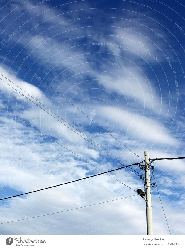 sky mast Lamp Electricity Clouds Electricity pylon Cable Sky Blue Energy industry Wired