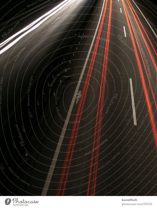 Light in the darkness... Highway Security cordon Night Long exposure Red White Switzerland Dark Street Handrail Tracks Lamp Detail experiment