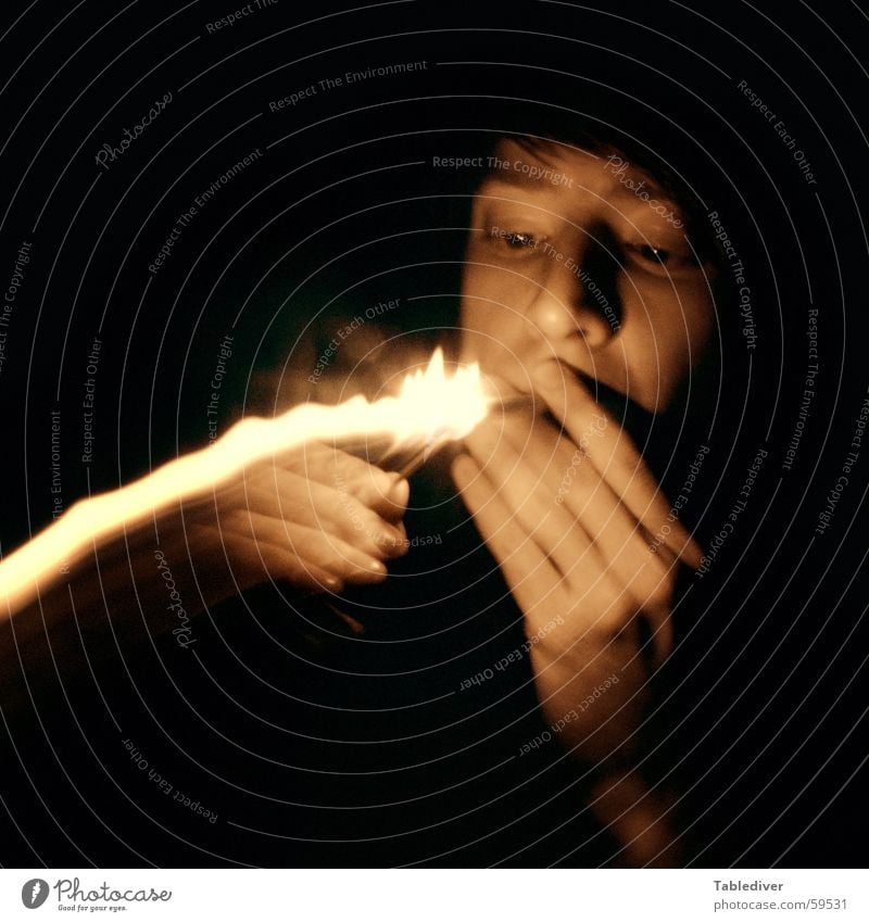 kindling Light Lightning Lighter Ignite Burn Match Cigarette Night Dark Fingers Hand Long exposure Blur Blaze Smoking Face Head Dark background