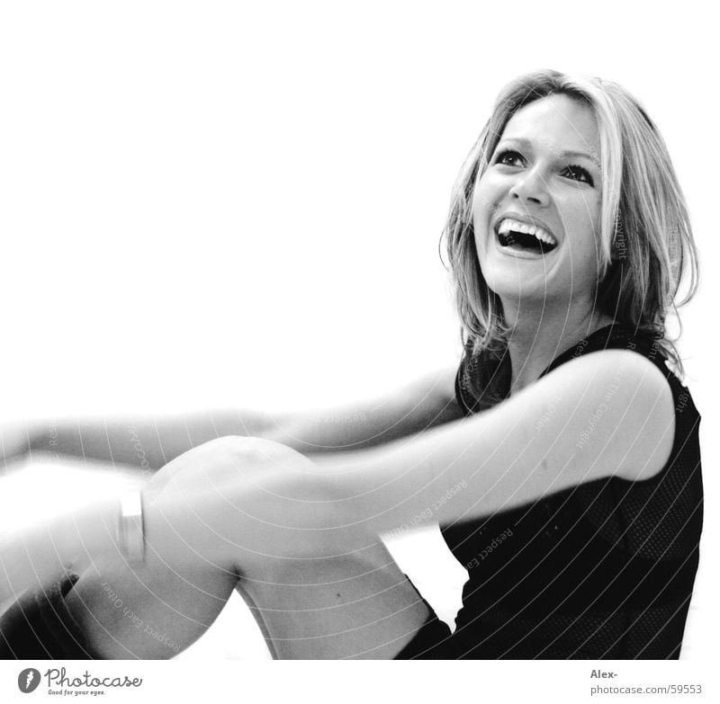 zest for life Woman Beautiful Cute Sweet Happiness Joie de vivre (Vitality) Black White Blonde Portrait photograph Laughter Happy Joy Black & white photo Sit