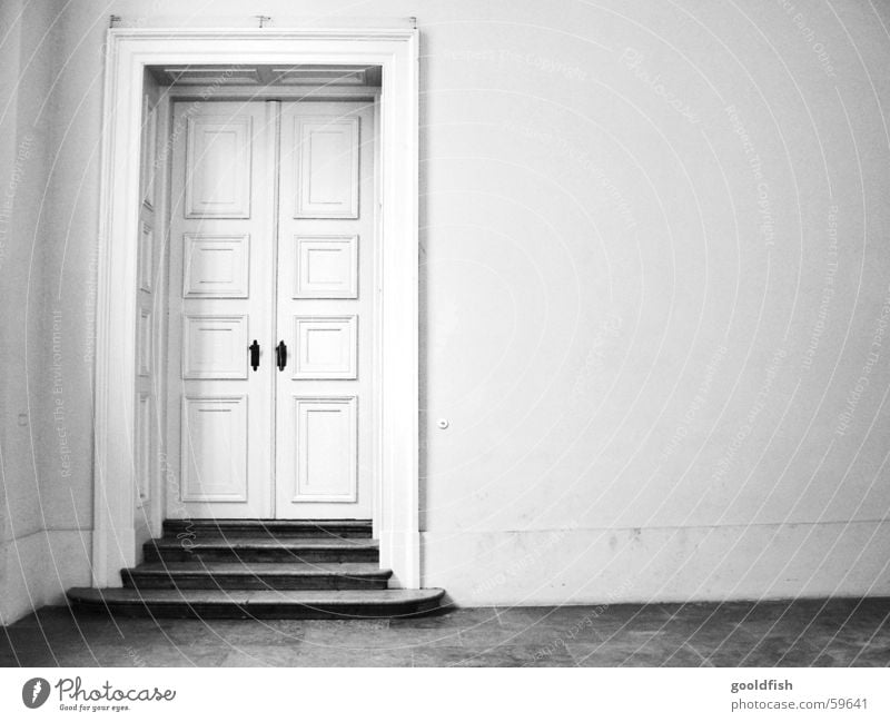 nobody at home Entrance Simple Closed Loneliness Wall (building) Old building Hall Door Black & white photo Stairs Room Castle