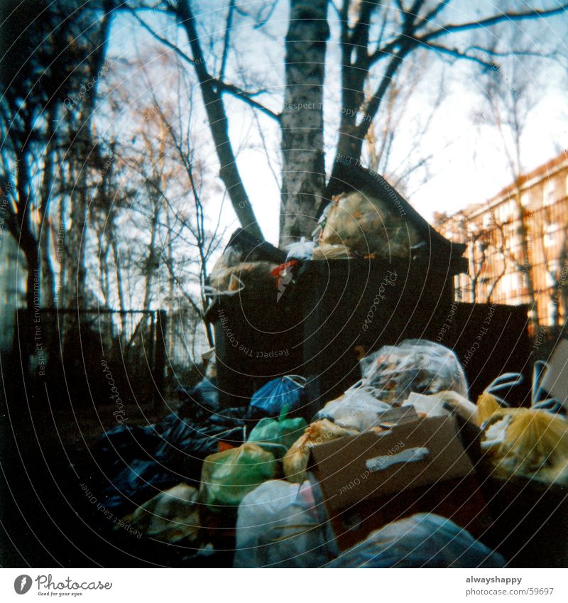 industrial action Trash Backyard Trash container Hideous Holga Garbage bag Refuse disposal Strike Medium format waste bins garbage Odor Dirty ugly rubbish