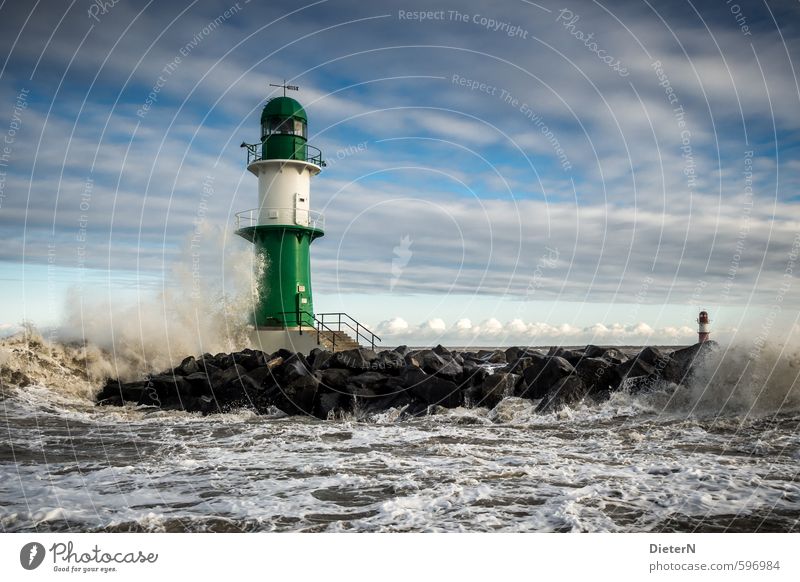 beacons Water Sky Clouds Winter Gale Waves Coast Baltic Sea Lighthouse Green Black White Warnemünde Beacon Mole Colour photo Exterior shot Deserted