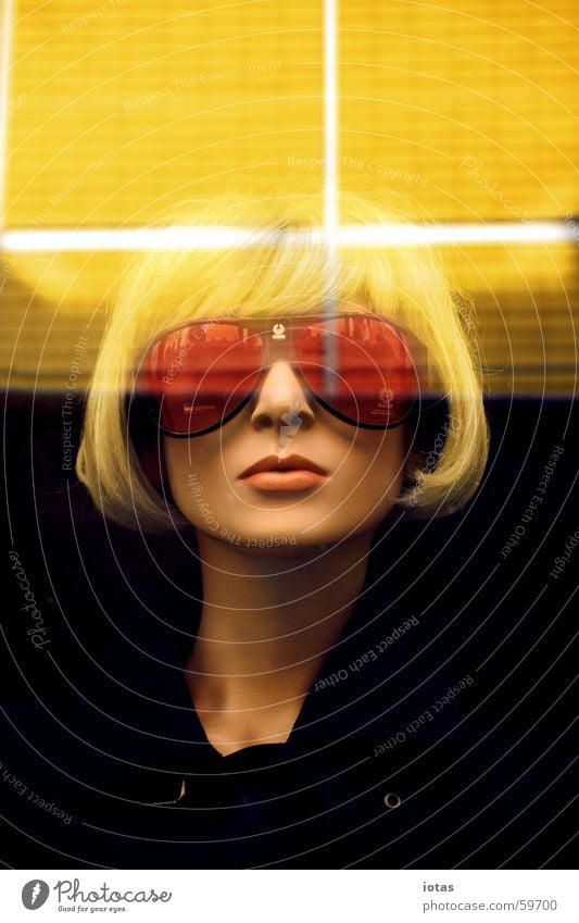 mannequin Model Style Close-up Blonde Fair Light Yellow Mannequin Shop window Wig Woman Sunglasses Eyeglasses Reflection Cold Lips Red Porno glasses Might