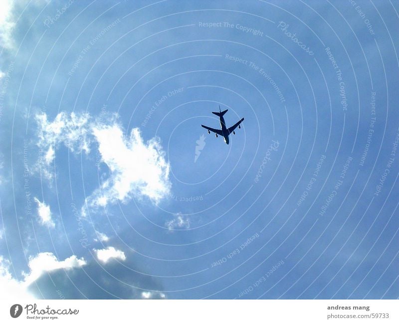 flying high Airplane Clouds Covers (Construction) Sky Far-off places Aviation Flying Jet Blue aeroplane flight far distance