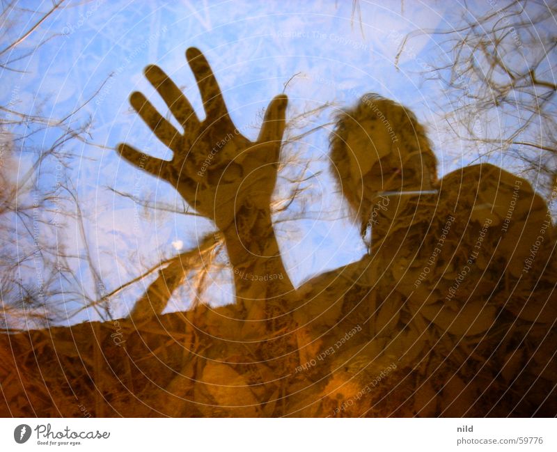 Mirror, mirror... Reflection Surface of water Hand Stay Warn Leaf Abstract Contrast Brook Silhouette Water Sky Stop Floor covering Clarity Nature Exterior shot