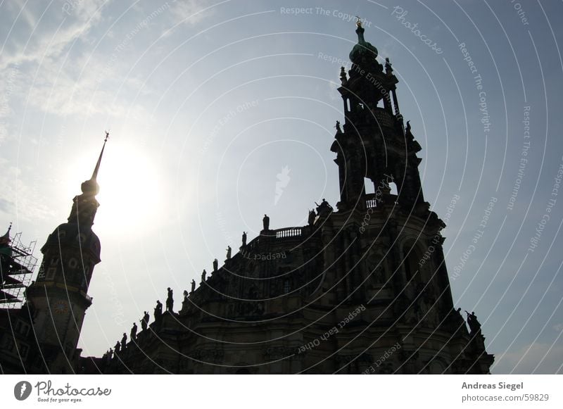 Beauty against the light Dresden Hofkirche Light Back-light Flashy Silhouette Clouds Black Historic House of worship Old town Religion and faith Sun Shadow Sky