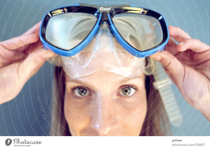 go underground Diving goggles Summer Dive Close-up Interior shot Vacation & Travel Sports fun Partially visible Face Blue Statue Water studio shot holidays