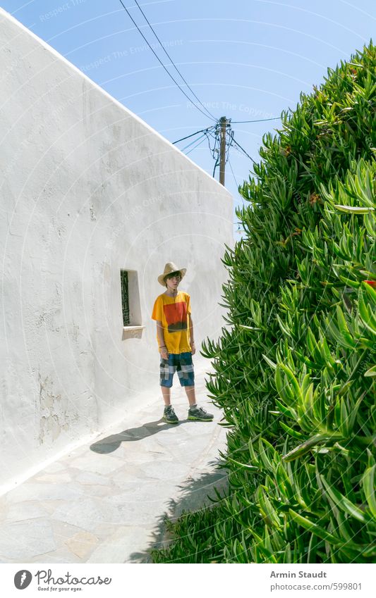 Summer vacation, boy in a straw hat standing around Vacation & Travel Tourism Trip Human being Masculine Youth (Young adults) 1 8 - 13 years Child Infancy Plant