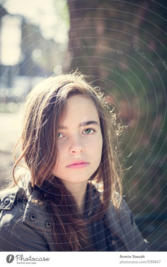 Portrait of a girl in the sunlight Style Human being Feminine Woman Adults Youth (Young adults) 1 13 - 18 years Child Nature Tree Town Old town Brunette Sit