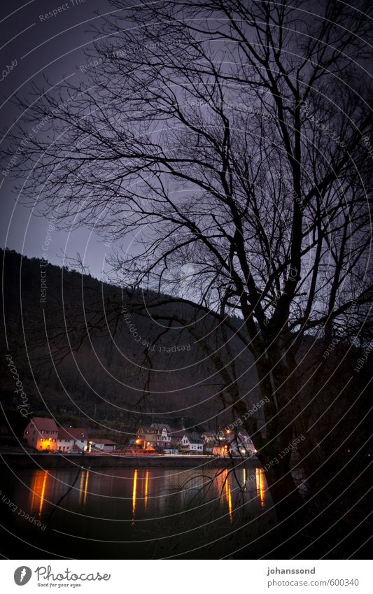 Twilight on the Neckar River Landscape Winter Hill Village Threat Dark Violet Black Moody Sadness Death Loneliness End Mysterious Grief Divide Colour photo