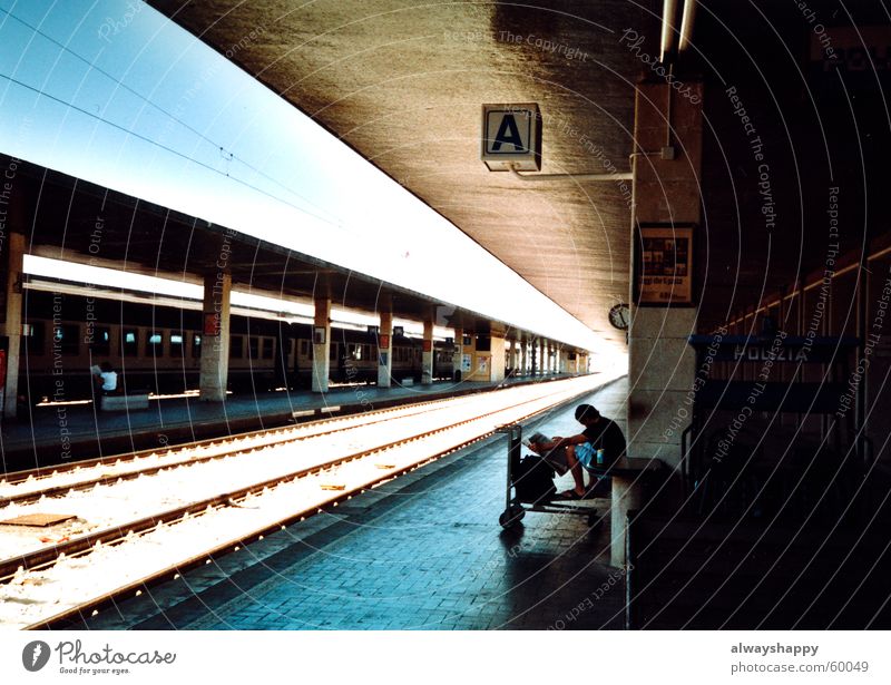 nix dolce vita Vacation & Travel Platform Italy Back-light Railroad tracks Gloomy Grief Driving Train station Wait Car stolen Sun bernd on the baggage car