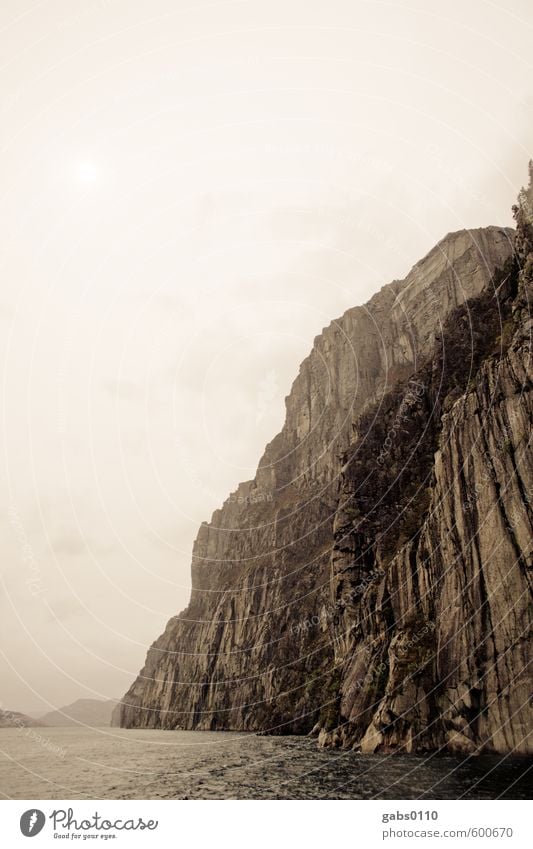 Fjord I Environment Nature Landscape Clouds Autumn Bad weather Fog Tree Rock Waves Coast Lakeside Bay Exceptional Threat Far-off places Gigantic Wet Natural