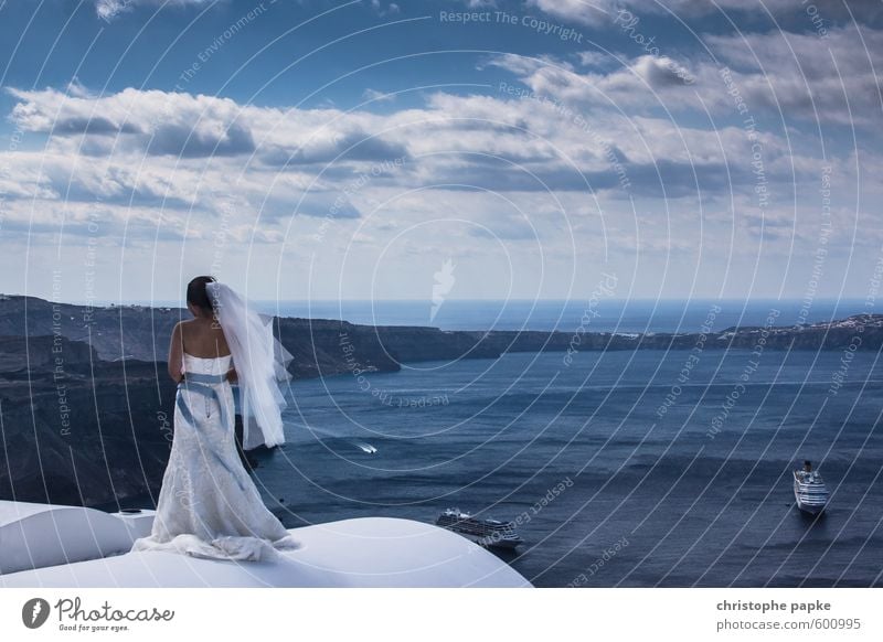 The bride who dares Style Vacation & Travel Far-off places Freedom Summer Summer vacation Ocean Wedding Feminine Woman Adults 1 Human being Clouds Santorini