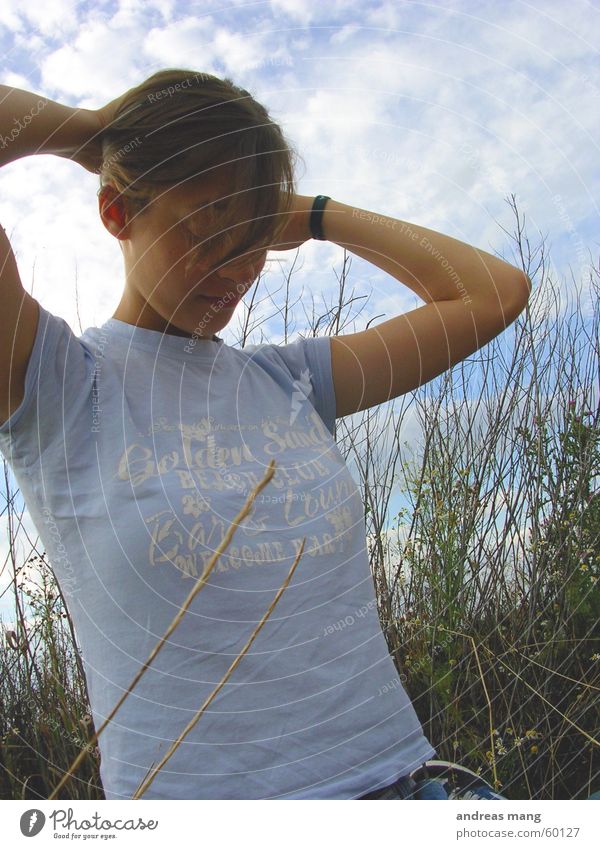 01 Field Woman Grass Clouds Hair and hairstyles Sky