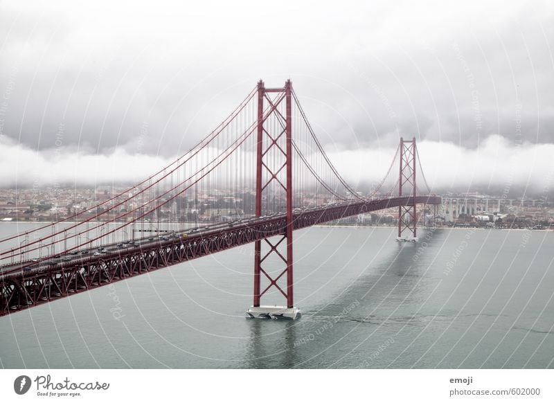 red Sky Clouds Bad weather Storm Fog River bank Town Capital city Port City Outskirts Bridge Tourist Attraction Gray Red Lisbon Colour photo Exterior shot