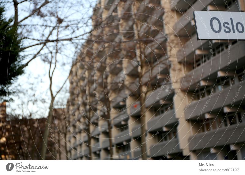 Where am I? Environment Plant Tree Small Town Port City High-rise Building Architecture Facade Balcony Society Quarter Oslo Gloomy Prefab construction Neighbor