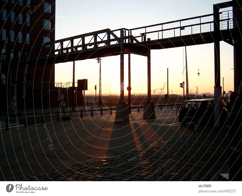 Sunrise in the Hafencity Europe Harbor city Steel Impression Exterior shot Back-light Hamburg Harbour Elbe Stairs Shadow Bridge Freedom