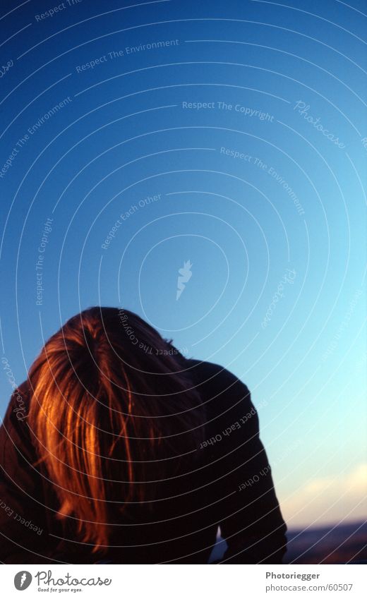 ...and the sun was streaking through her hair... Evening sun Red Brown Auburn Glittering Progress Human being Sky Hair and hairstyles eiffel sky black jacket