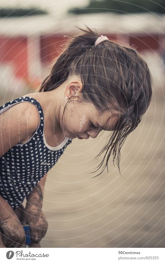 Little girl playing sand on the beach Joy Happy Playing Vacation & Travel Tourism Trip Far-off places Freedom Summer Summer vacation Sun Beach Ocean Island