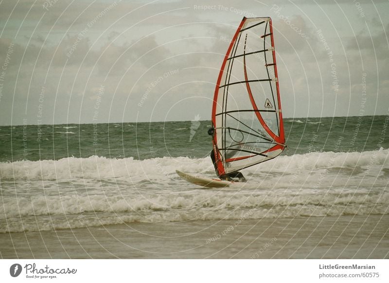 Riding the storm Beach Ocean Waves Sports Aquatics Windsurfing Sand Water Sky Sail On board Power Surfing Surfer Foam Salt Colour photo Exterior shot Day