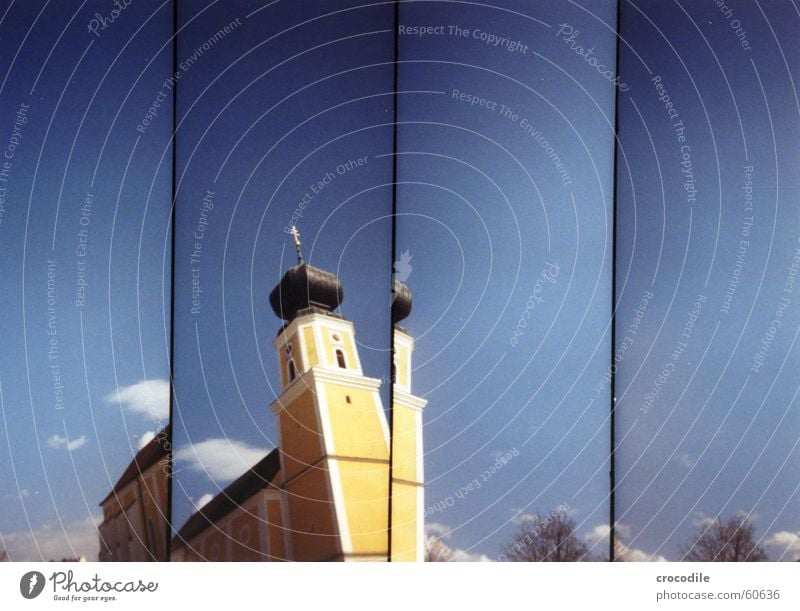 Schnipsel Church Religion and faith Yellow Clouds White Tree Roof Window Lomography supersampler pocking catholic Blue Sky Tower Onion Back