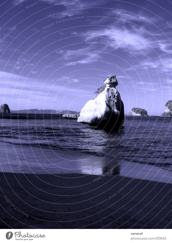 into the blue... Beach Low tide Sky Clouds New Zealand Cathedral Cove Blue Stone Rock white black reflection High tide tides