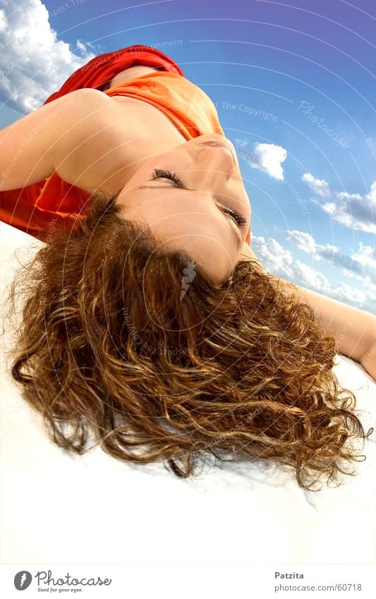 dreamland Woman Feminine Sleep Dream Lie Clouds Long-haired White Red Brown Bird's-eye view Face Hair and hairstyles Rag Sky Floor covering Blue Orange Eyes