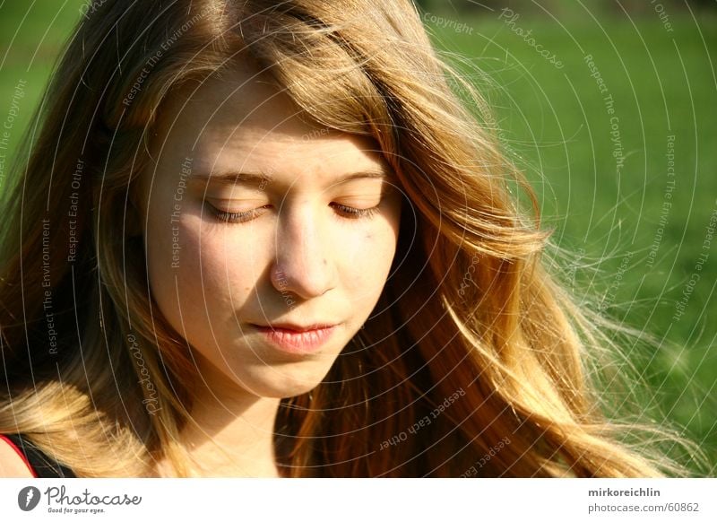 thoughtful. Blonde Grass Green Meadow Beautiful Think Closed betti bettina Hair and hairstyles Pattern Looking bigway Child Multicoloured original Fatigue Wind