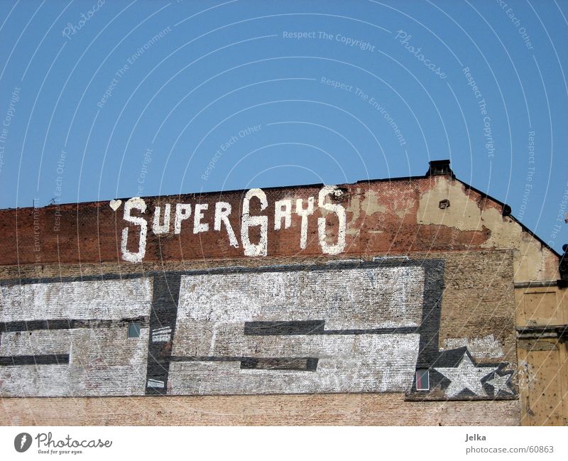 SuperGays Homosexual Building Architecture Facade Brick Happiness Decline Wall (building) Tagger Dismantling gays graffiti Star (Symbol) Berlin Exterior shot