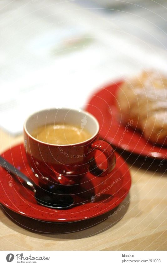 business breakfast Cup Plate Breakfast Croissant Hot Spoon Red Espresso Newspaper Reading Sugar Sweet Table Cutlery Baked goods Coffee saucers have breakfast