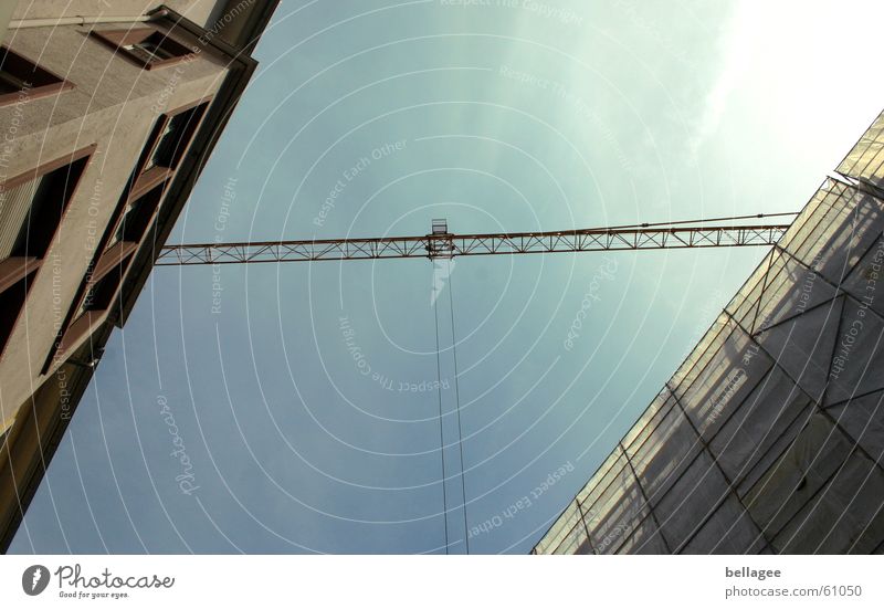 balancing act Construction site Crane House (Residential Structure) Diagonal Light Scaffold Sky Rope Connection Bridge Planning Exterior shot