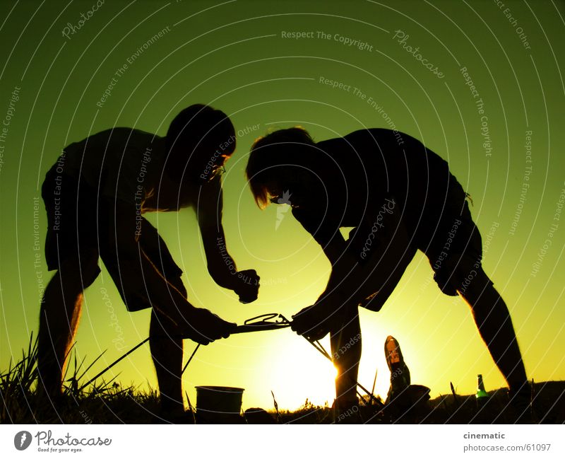 teamwork Back-light Human being Barbecue (apparatus) Light Green Field Grass Beer Clothing Sunset Twilight Dark Deposit bottle Evening Connect Summer Success