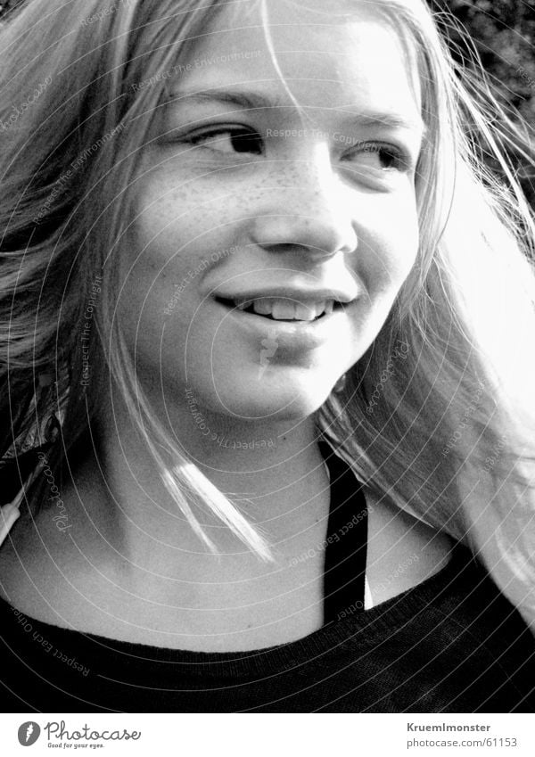 B&W Girl Blonde Hair and hairstyles Laughter Black & white photo Sun