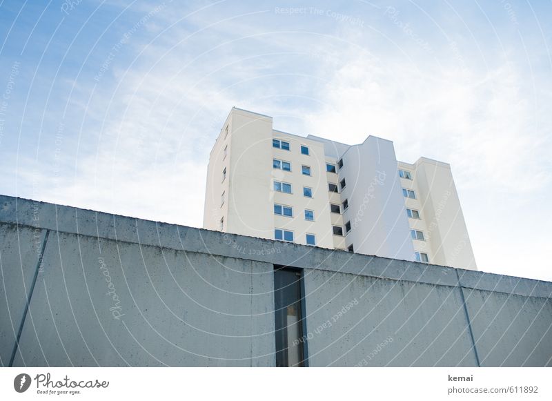 concrete castle Sky Clouds Beautiful weather Town Outskirts House (Residential Structure) High-rise Wall (barrier) Wall (building) Window Concrete Large Tall