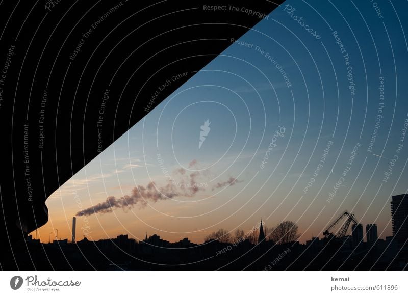 industrial silhouette Sky Sunrise Sunset Beautiful weather House (Residential Structure) Industrial plant Factory Harbour Bridge Chimney Blue Exhaust gas