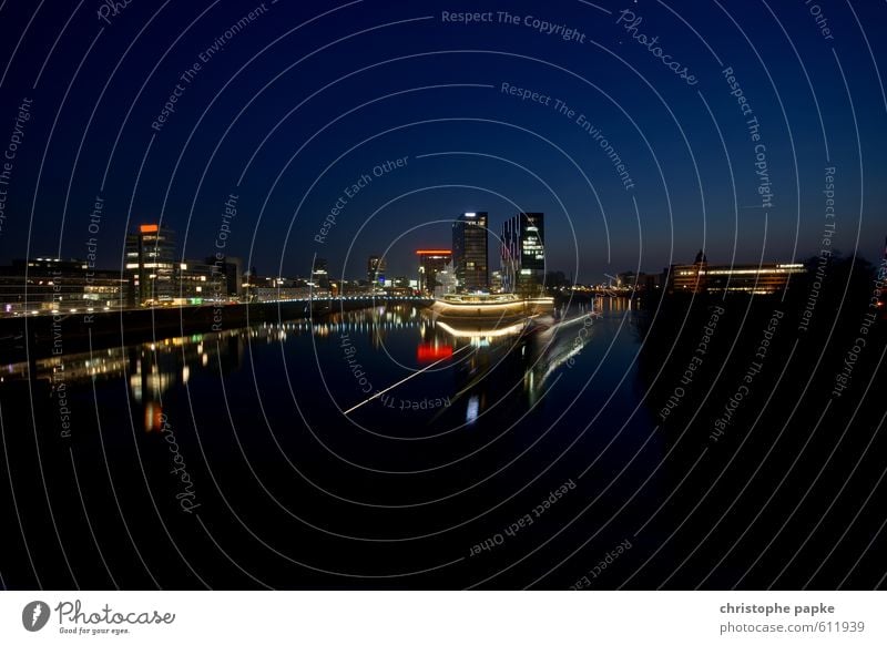 Düsseldorf -Medienhafen in the evening City trip Office Cloudless sky River bank Duesseldorf Town Outskirts Skyline Manmade structures Building Architecture