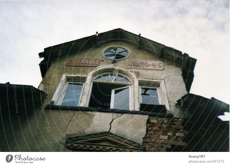 ravages of time House (Residential Structure) Derelict Window Shard Wall (barrier) Brick Plaster Mortar Roof Window board Flat (apartment) Clouds White Style