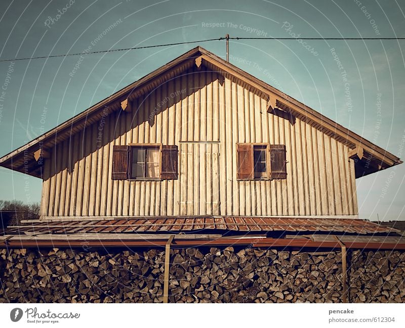 It's all a front. Ghost house. Village Deserted House (Residential Structure) Hut Building Sign Secrecy Facade Wooden house Empty Window Electricity pylon