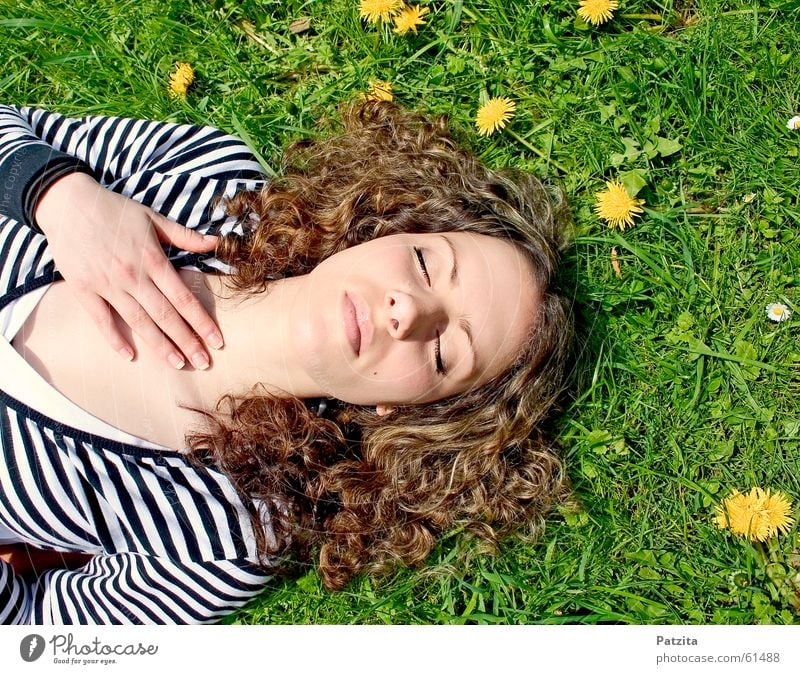 Wake up Snow White Woman Portrait photograph Sleep Lie Dream Meadow Grass Flower Field Dandelion Stripe Alpine pasture Hand T-shirt Summer Spring Green Yellow