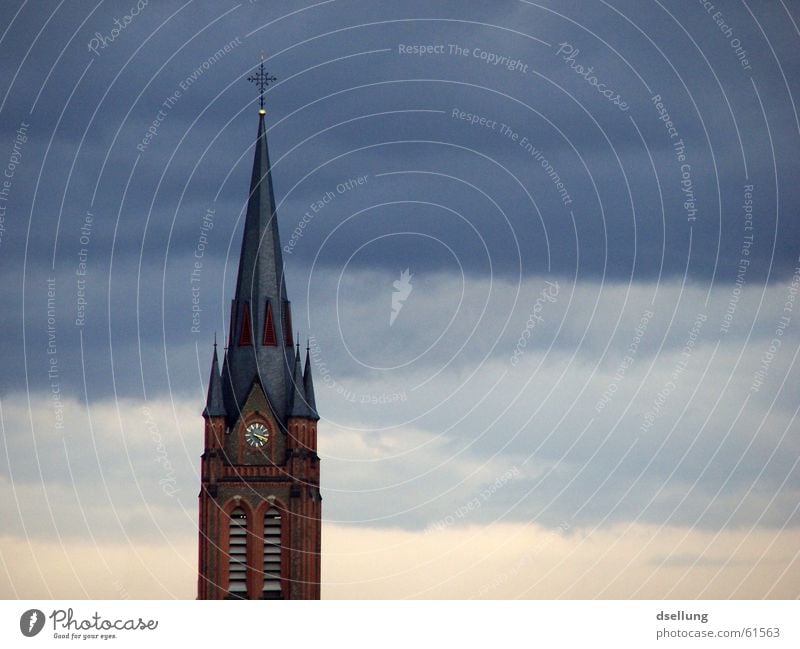 Church tower with layered clouds Colour photo Exterior shot Deserted Copy Space right Evening Central perspective Happy Clock Funeral service Sky Clouds