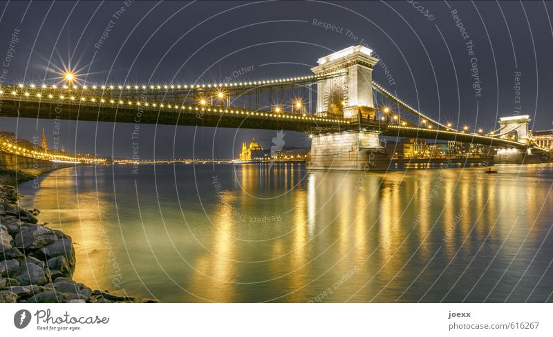 Chain of lights bridge City trip Budapest Capital city Bridge Tourist Attraction Széchenyi Chain Bridge Old Large Historic Blue Yellow Gold Tourism Attachment