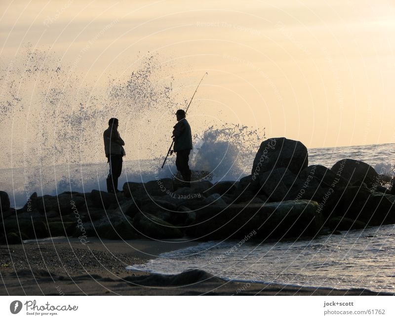 stand or go fishing Relaxation Fishing (Angle) Beach Ocean Waves 2 Rock coast Mediterranean sea Stand Authentic Interest Horizon Communicate Angler White crest